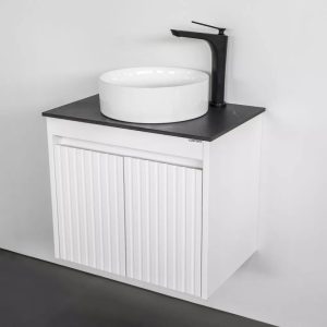 Тумба подвесная Comforty Двина 60 со столешницей мрамор Калакатта Блэк с раковиной 9111 Белый матовый 00-00019069CF